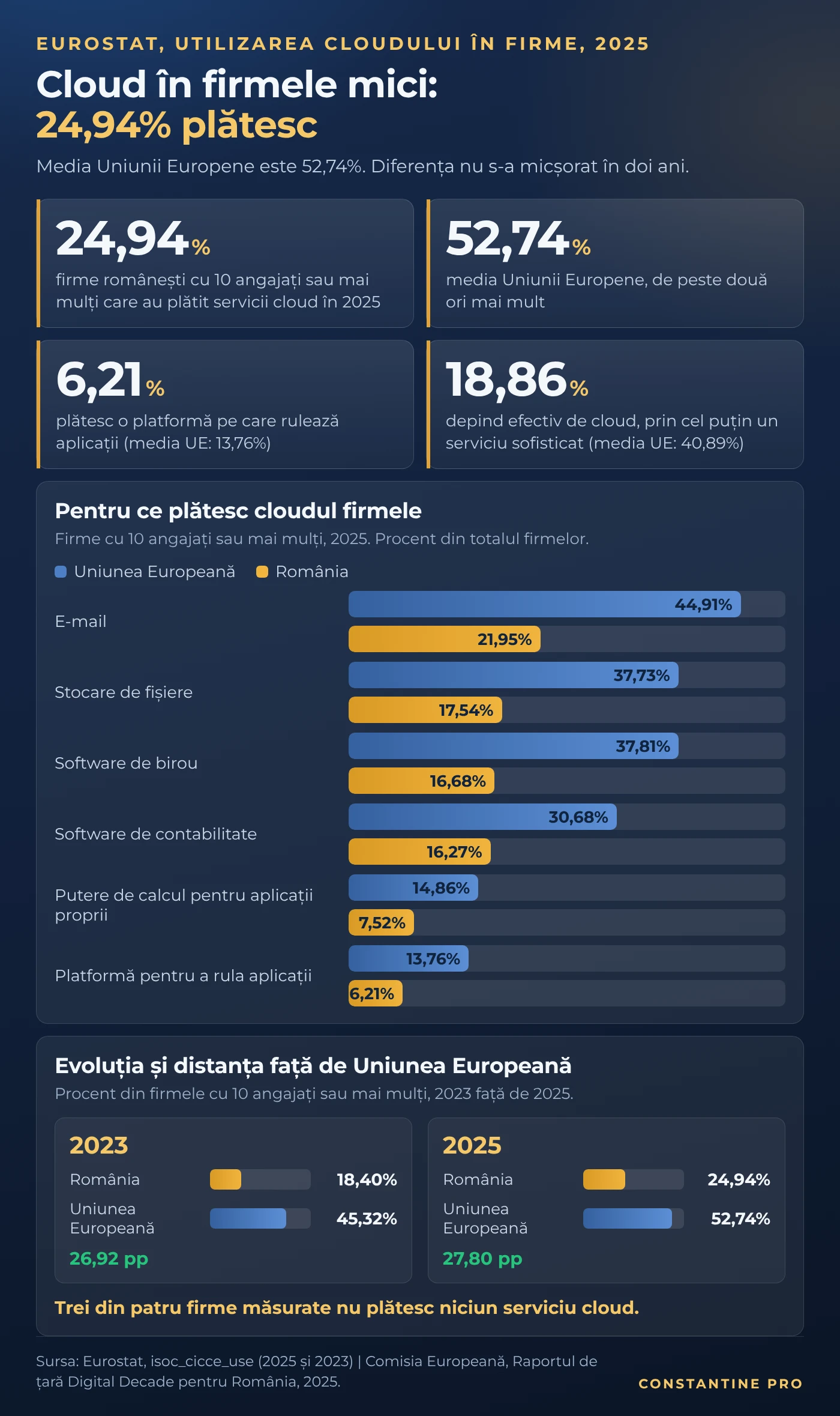 Grafic: 24,94% dintre firmele românești cu 10 angajați sau mai mulți plătesc servicii cloud, față de 52,74% media UE. Defalcare pe servicii și evoluția 2023 față de 2025.